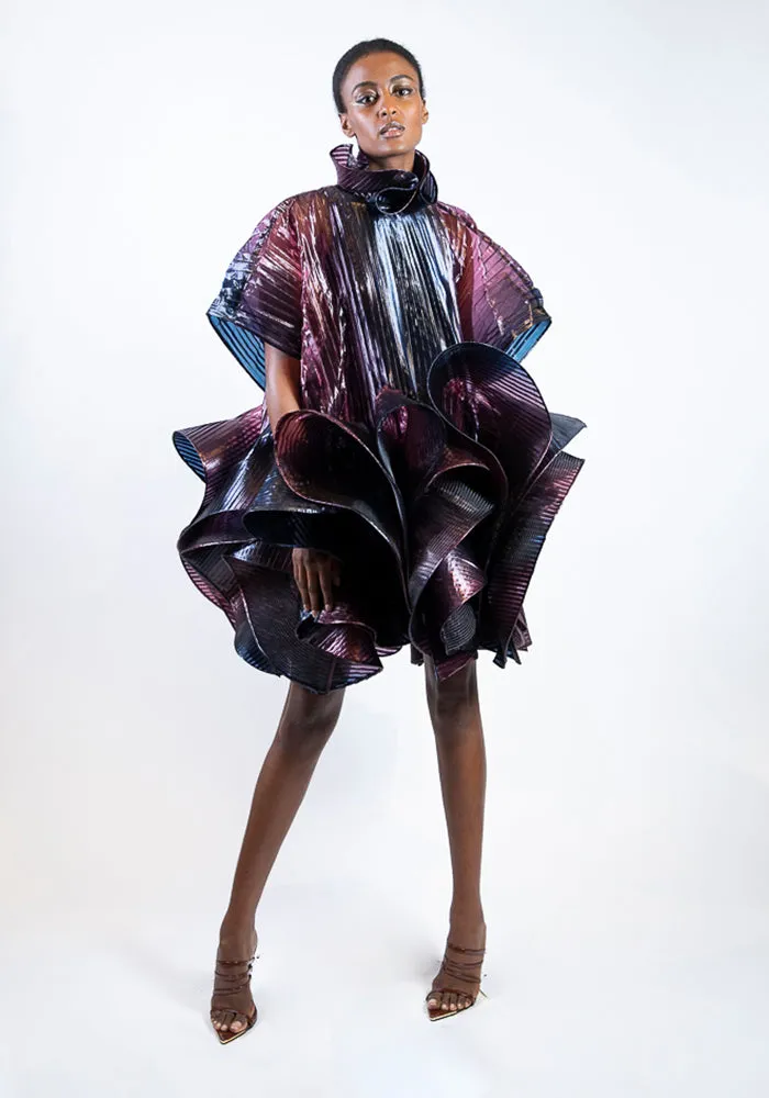 Iridescent Pleated Ruffled Mini Dress