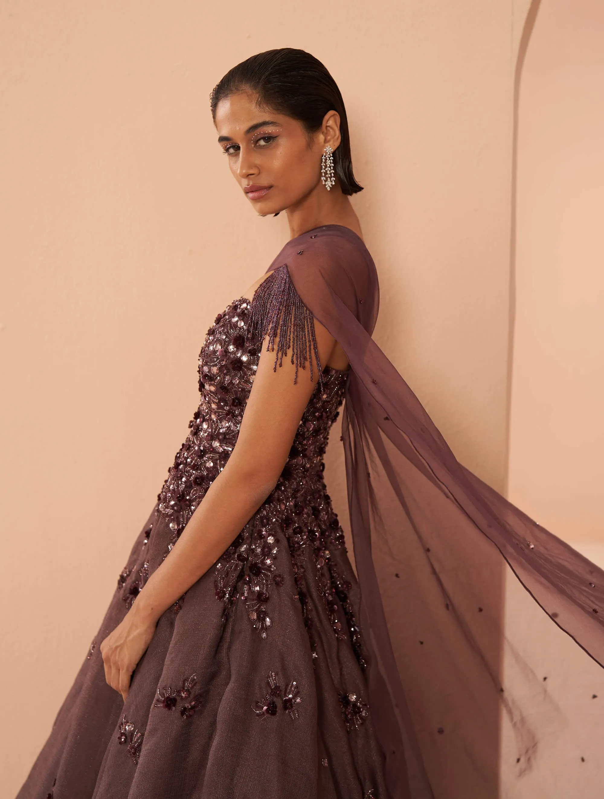 Iris wine off-shoulder gown