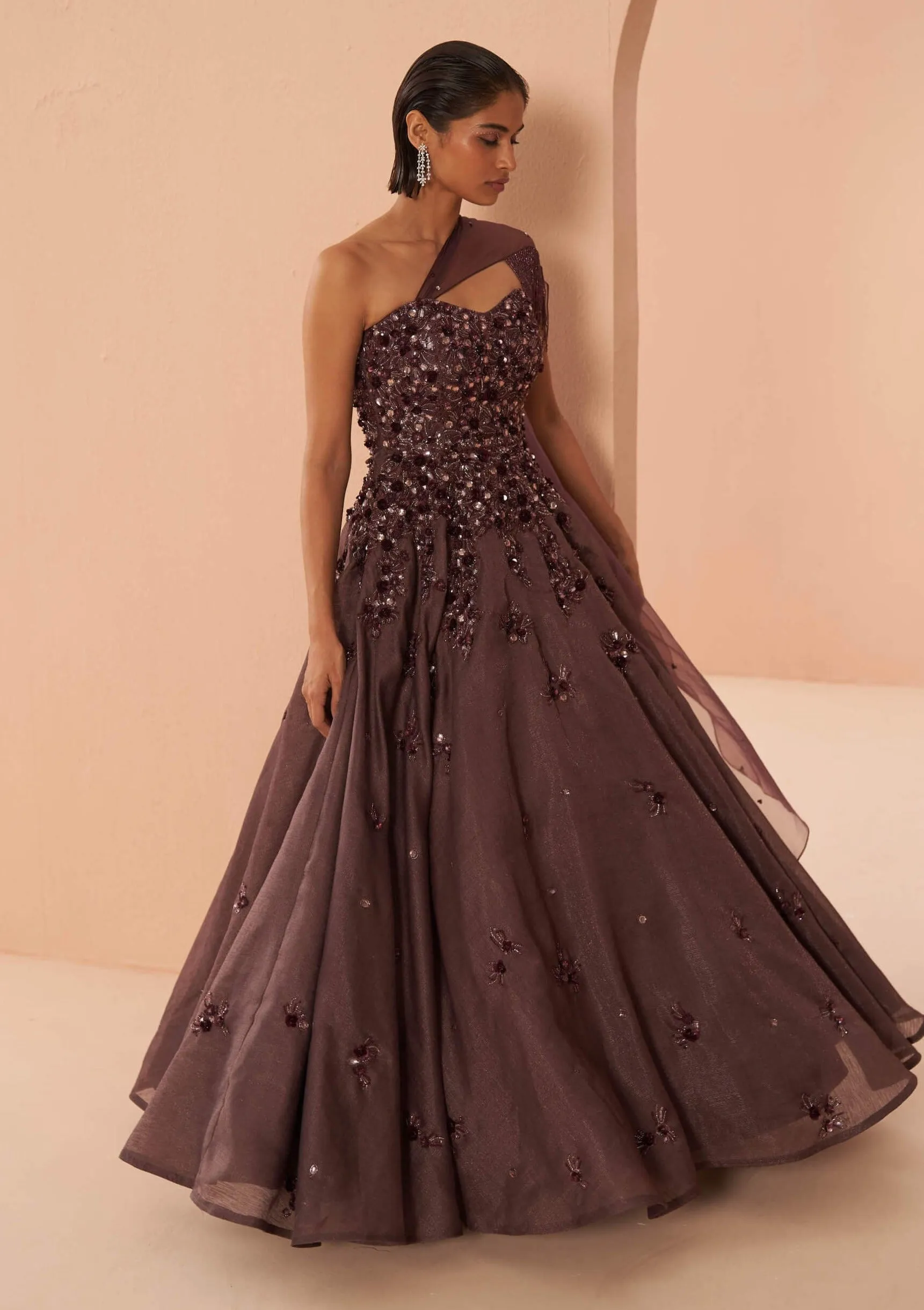 Iris wine off-shoulder gown