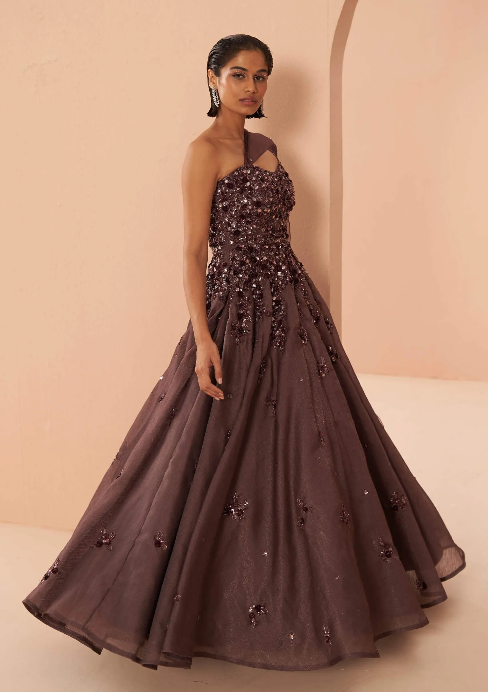 Iris wine off-shoulder gown