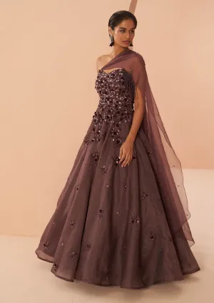 Iris wine off-shoulder gown