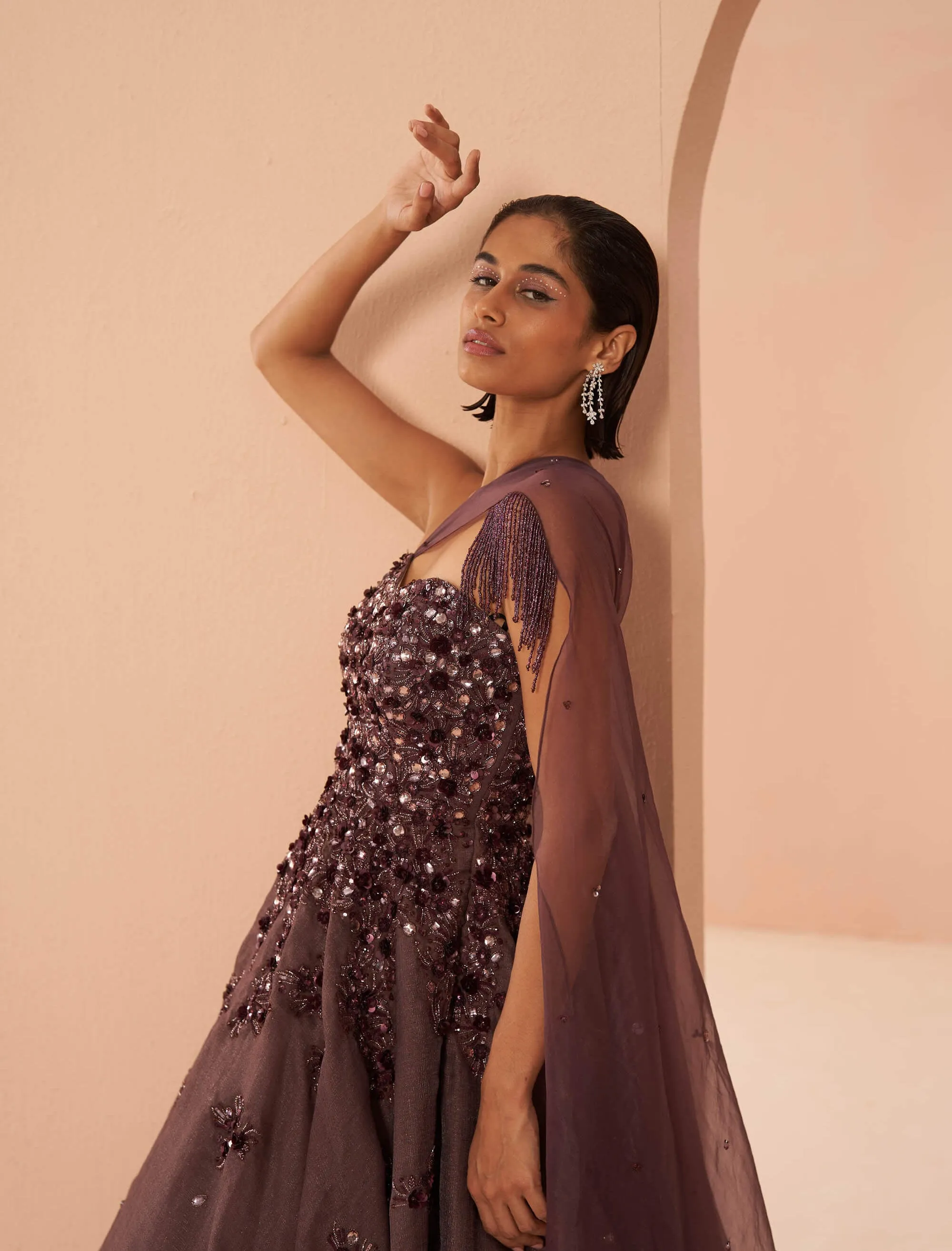 Iris wine off-shoulder gown