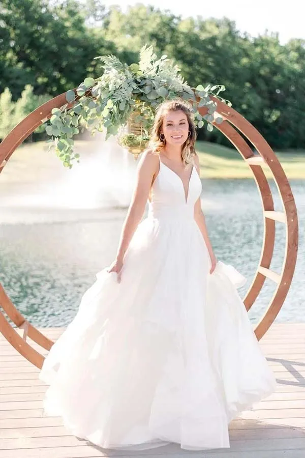 Ivory A-line Tulle Spaghetti Straps Simple Wedding Dresses, Bridal Gown, MW707
