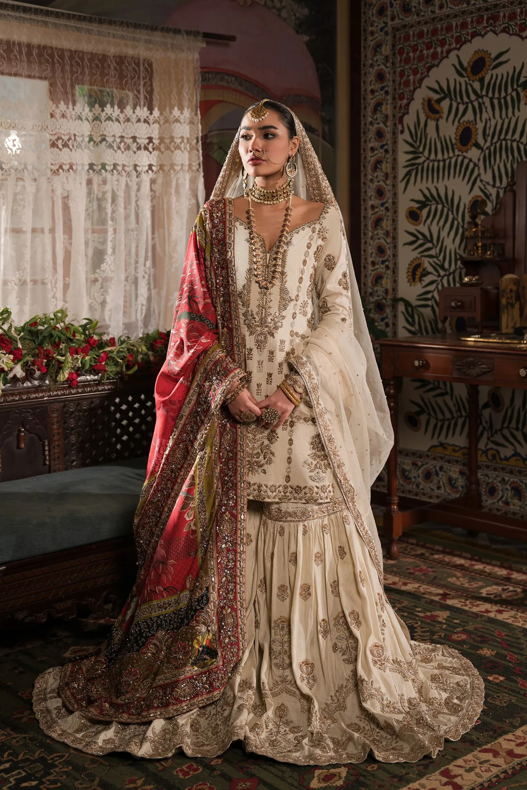 Ivory and Gold Gharara Set - With Light Dupatta (BR-04A)
