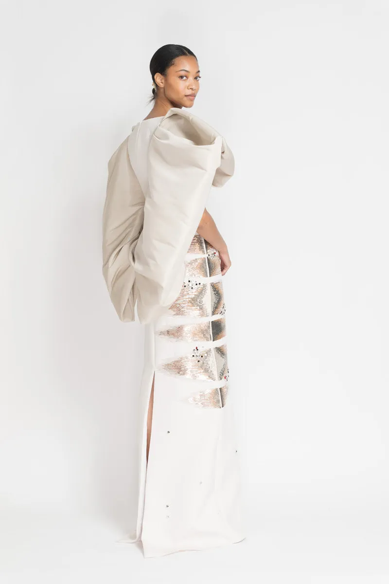 Ivory Cady Odisha Ikat Embroidery Column Gown with Stone Faille Angel Wings