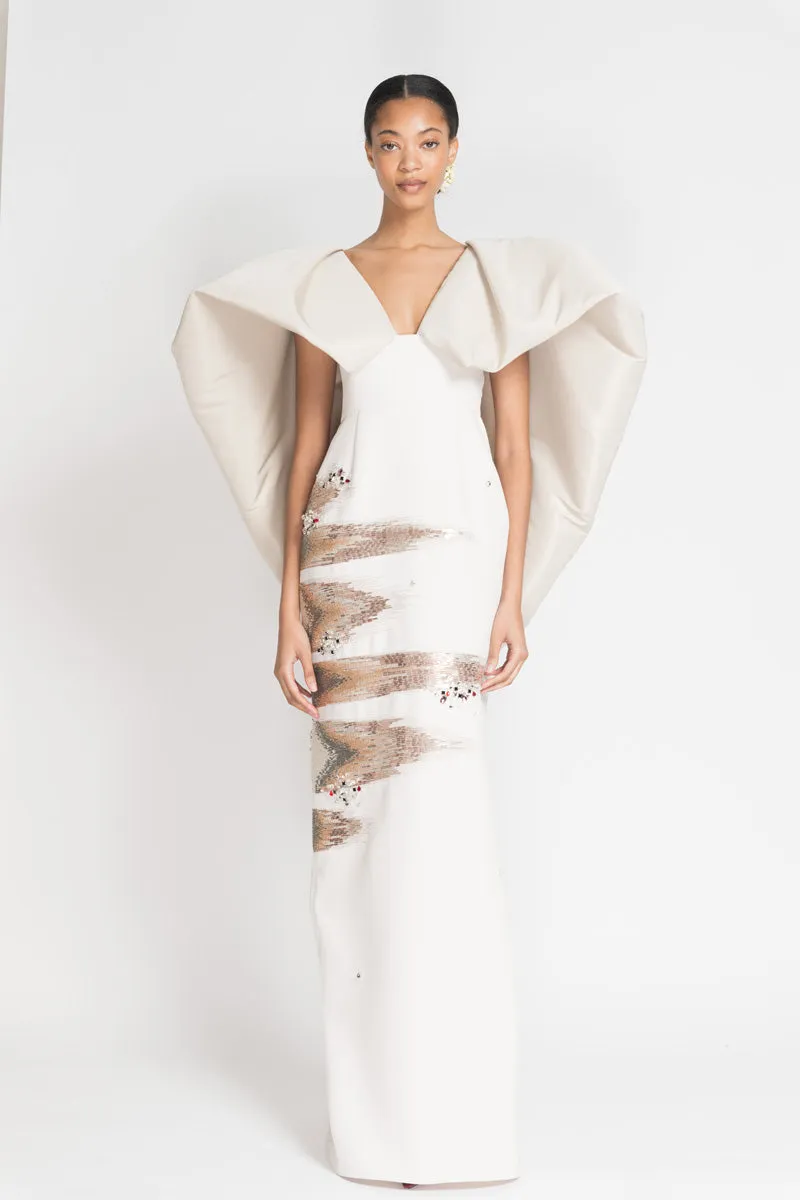 Ivory Cady Odisha Ikat Embroidery Column Gown with Stone Faille Angel Wings