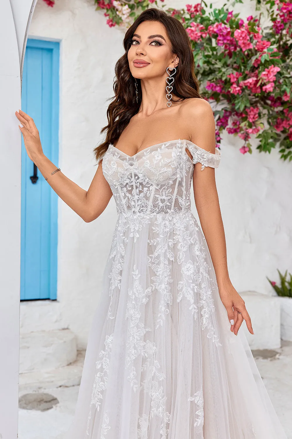 Ivory Detachable Off the Shoulder Corset Tulle Wedding Dress