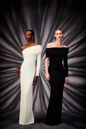 Ivory Draped Off the Shoulder One Sleeve Gown