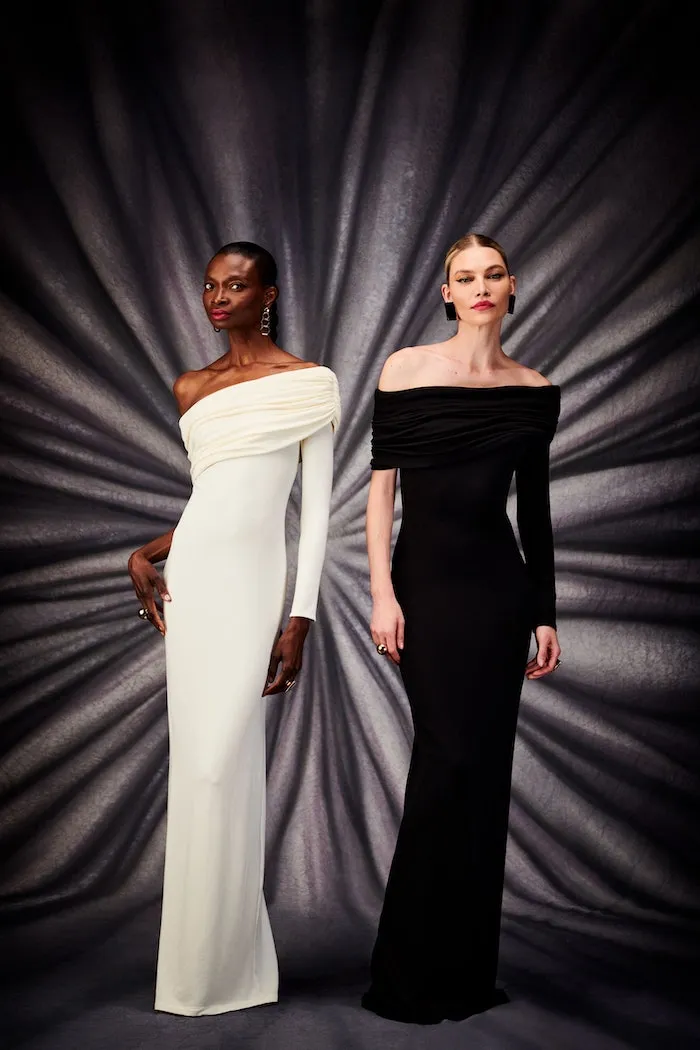 Ivory Draped Off the Shoulder One Sleeve Gown