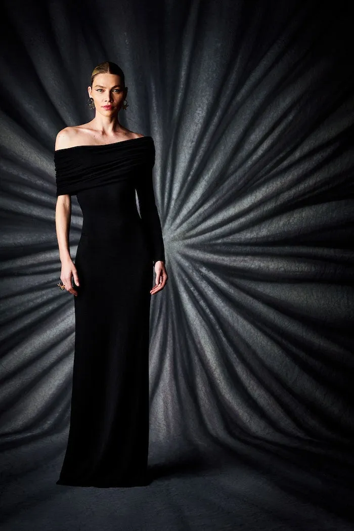 Ivory Draped Off the Shoulder One Sleeve Gown