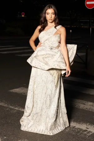 Ivory glass organza one-shoulder gown