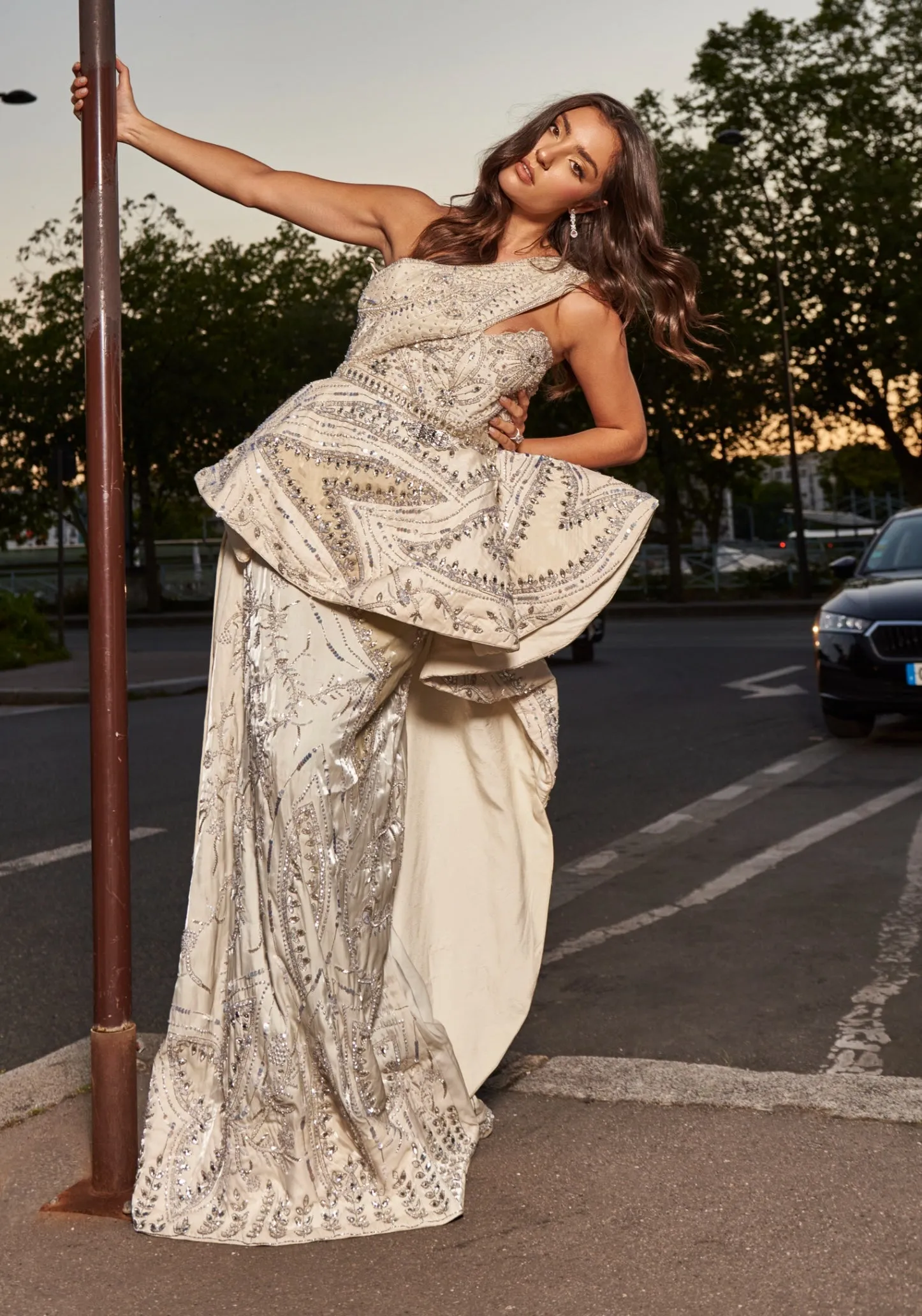 Ivory glass organza one-shoulder gown