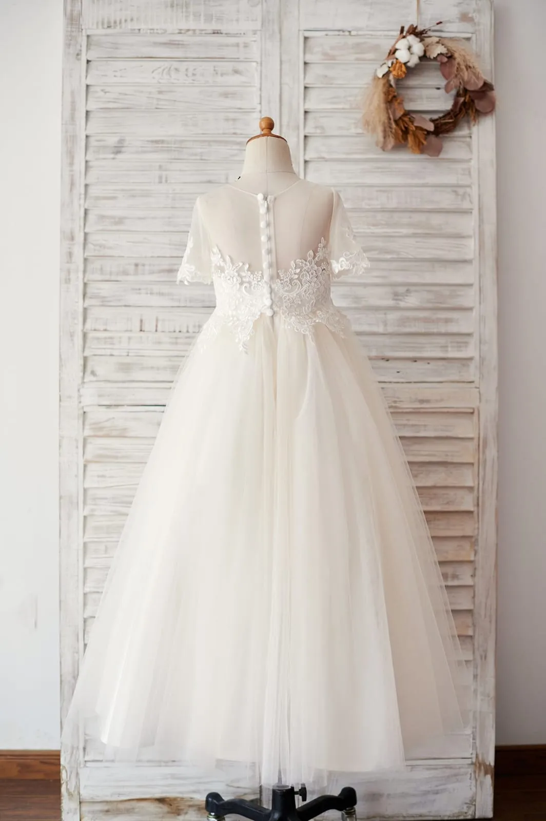 Ivory Lace Champagne Tulle Short Sleeves Wedding Flower Girl Dress