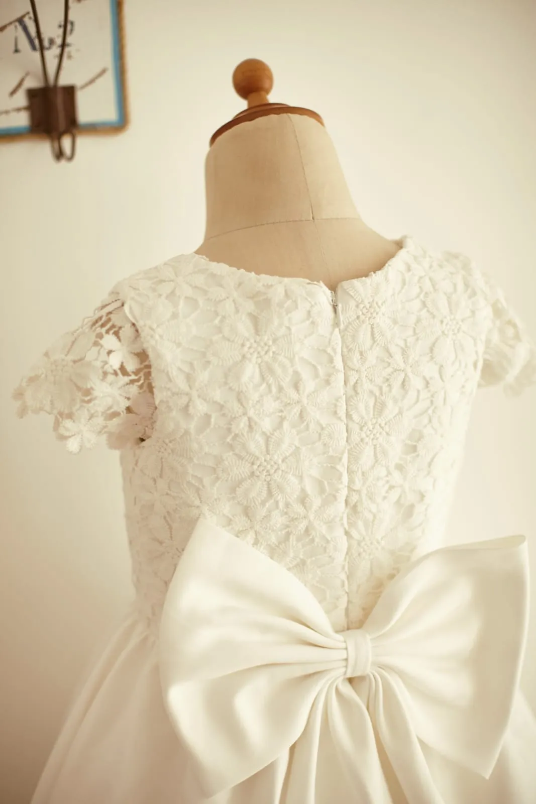 Ivory Lace Cotton Cap Sleeves Wedding Flower Girl Dress, Bow