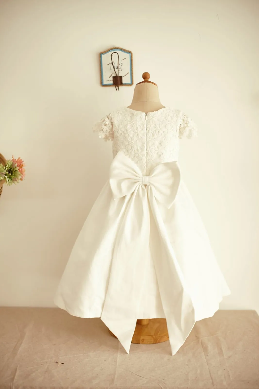 Ivory Lace Cotton Cap Sleeves Wedding Flower Girl Dress, Bow