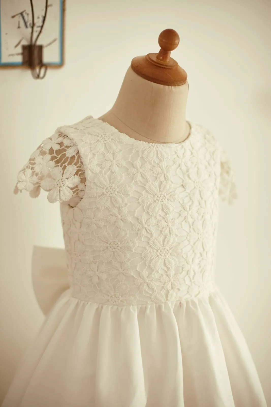 Ivory Lace Cotton Cap Sleeves Wedding Flower Girl Dress, Bow