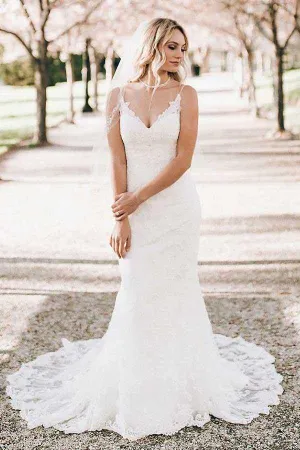 Ivory Lace Mermaid V-neck Sweep Train Wedding Dresses, Bridal Gown, MW706
