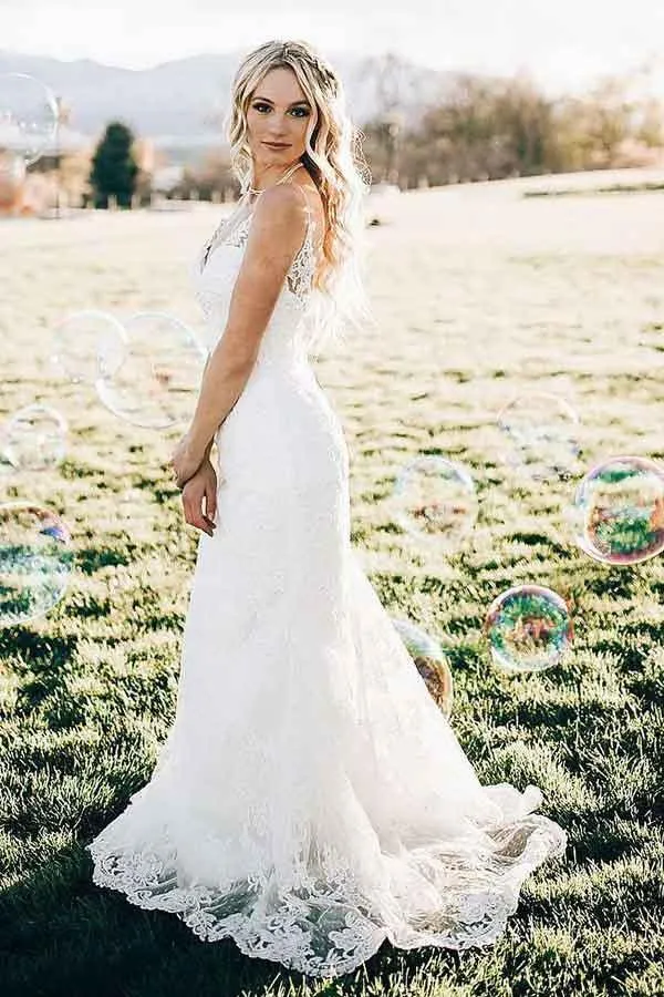 Ivory Lace Mermaid V-neck Sweep Train Wedding Dresses, Bridal Gown, MW706
