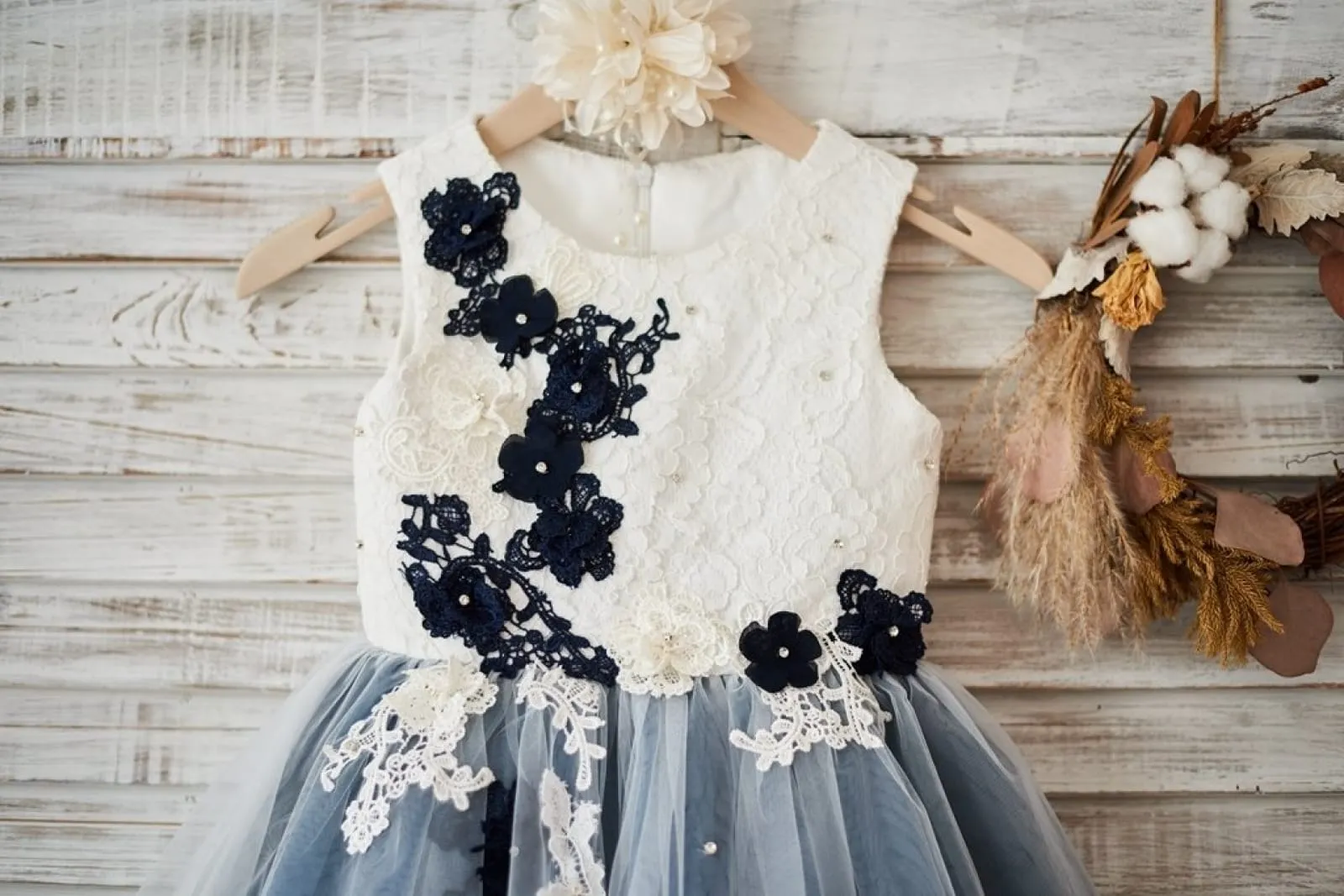 Ivory Lace Silver Gray Tulle Wedding Flower Girl Dress, Appliques\Beads