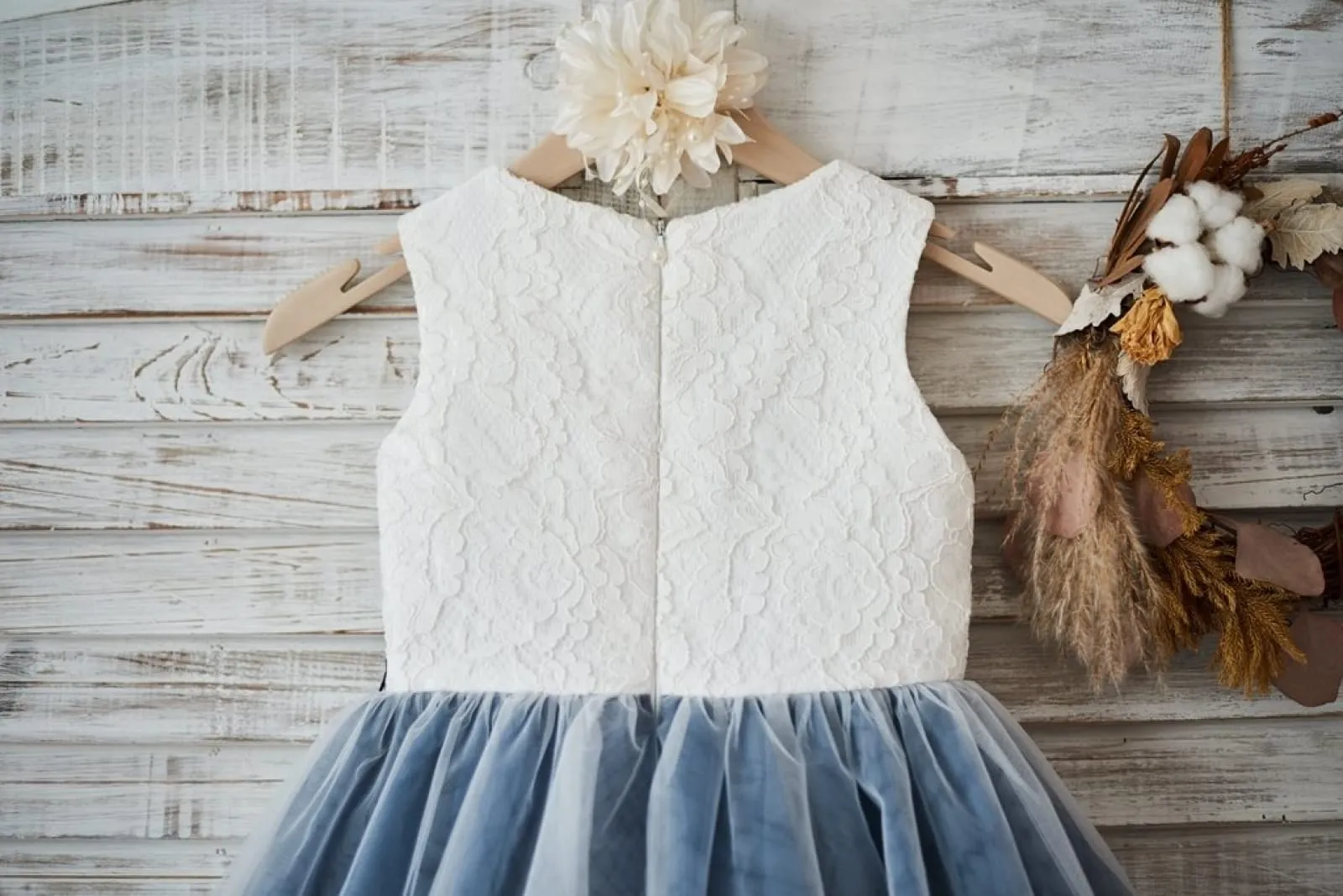 Ivory Lace Silver Gray Tulle Wedding Flower Girl Dress, Appliques\Beads