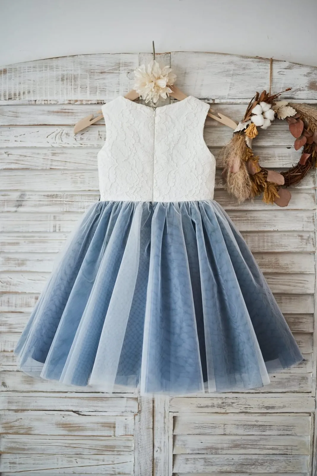Ivory Lace Silver Gray Tulle Wedding Flower Girl Dress, Appliques\Beads