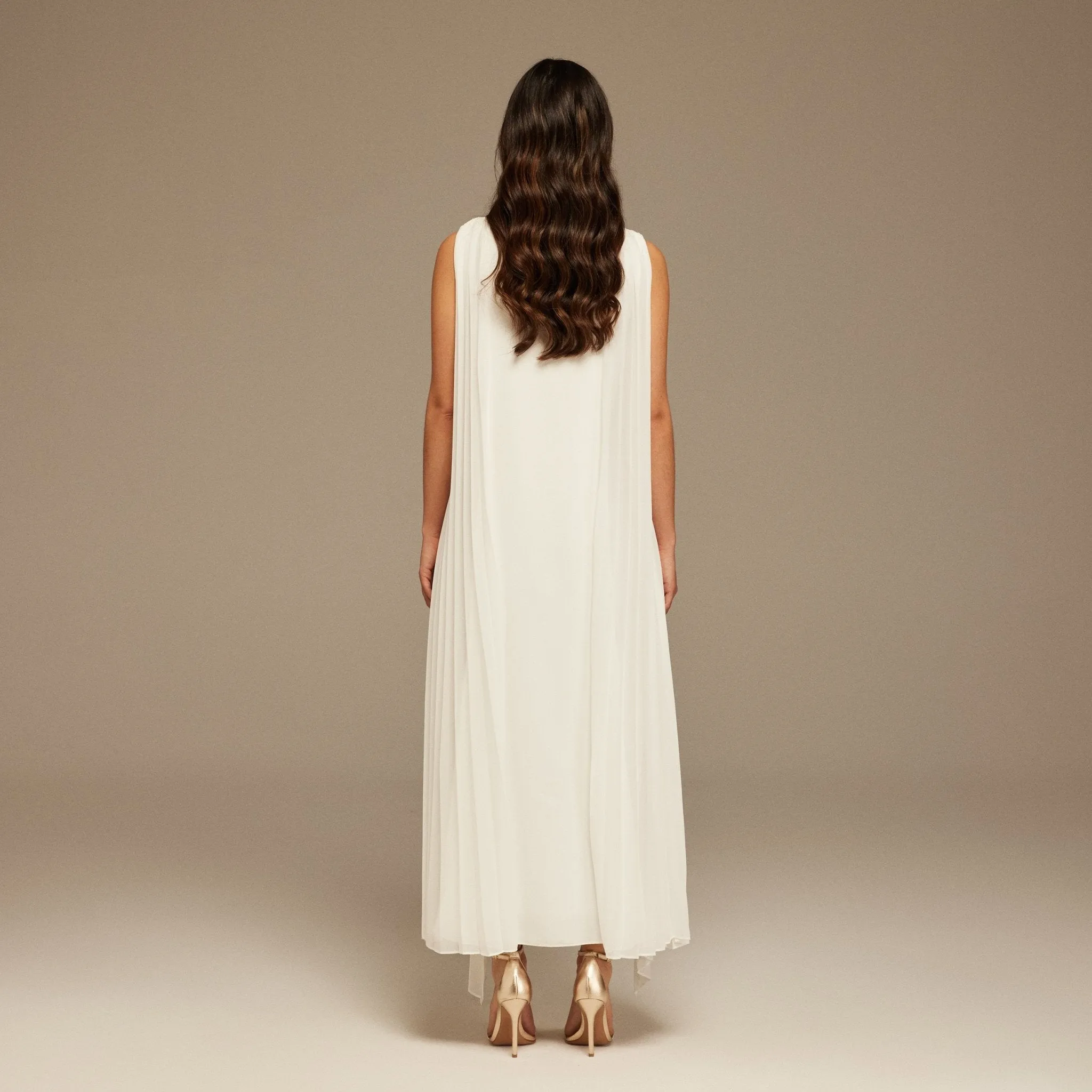 Ivory Pleated cape  Sleeveless Crepe dress