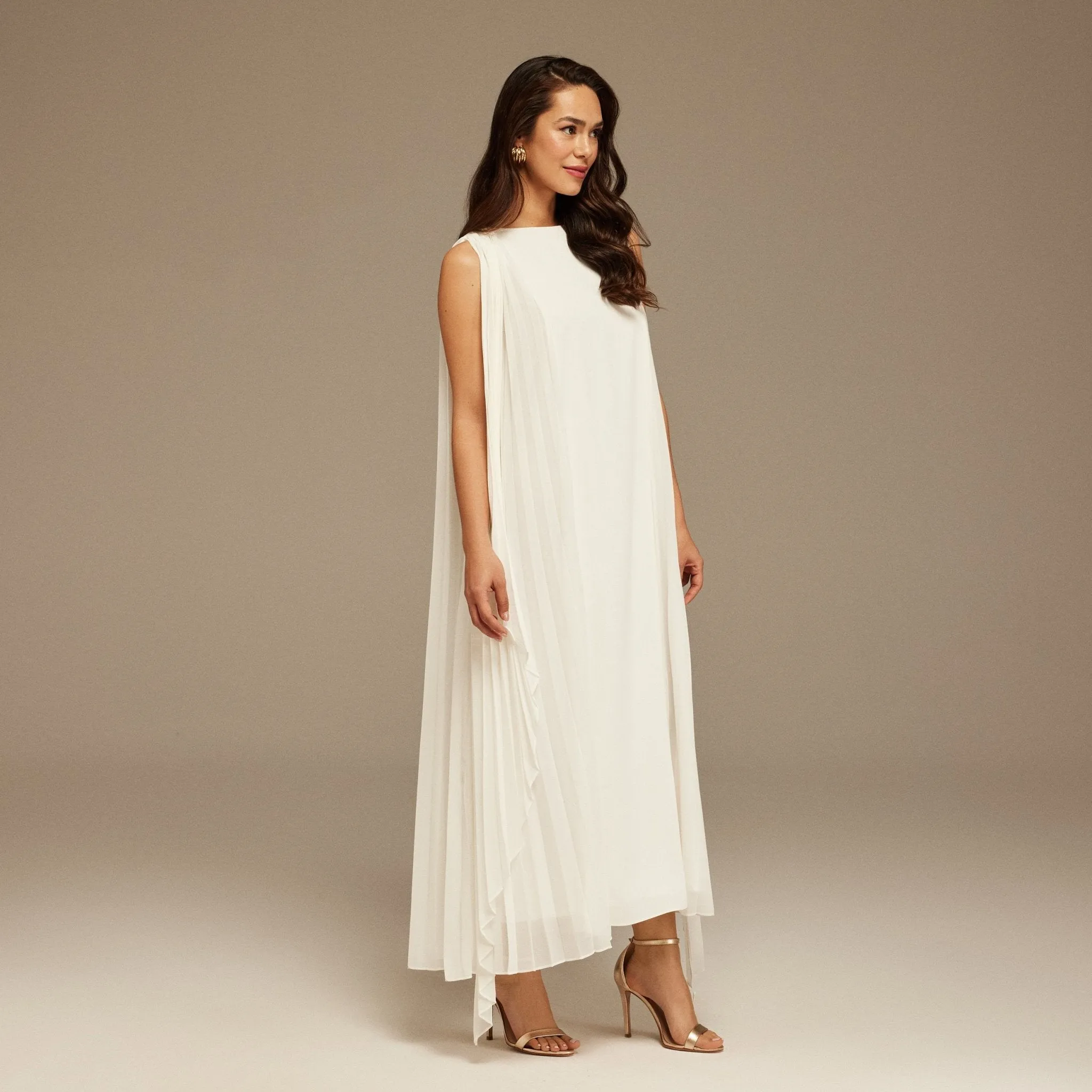 Ivory Pleated cape  Sleeveless Crepe dress