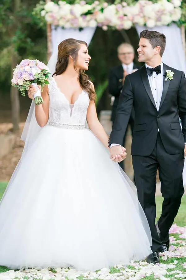 Ivory Tulle Ball Gown V Neck Rhinestone Wedding Dresses, Bridal Gown, MW549