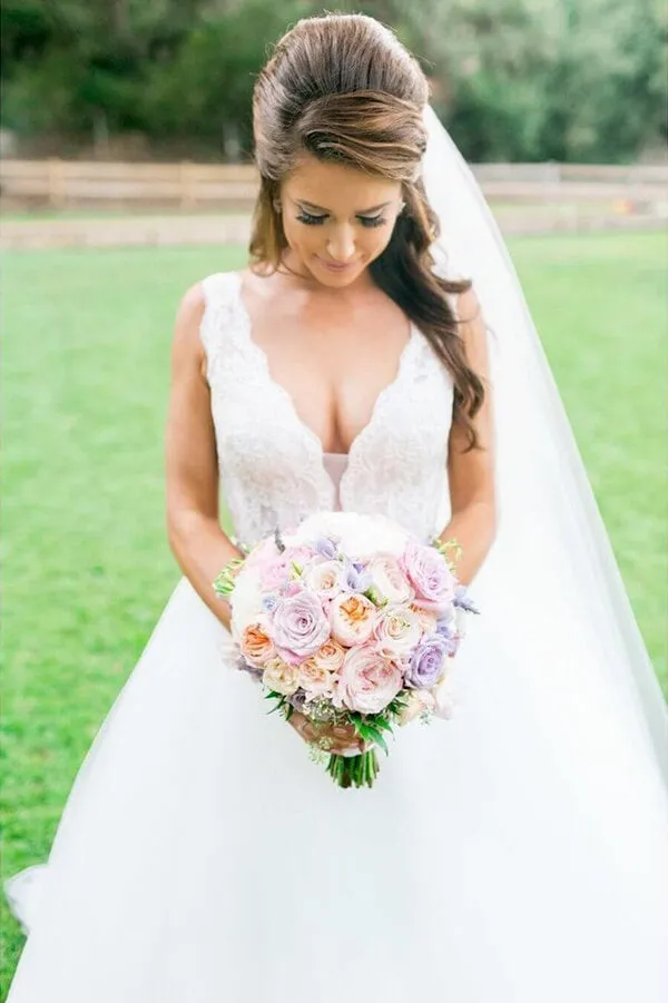 Ivory Tulle Ball Gown V Neck Rhinestone Wedding Dresses, Bridal Gown, MW549