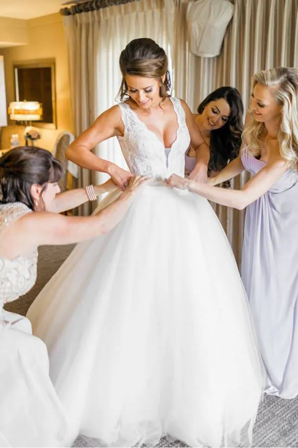 Ivory Tulle Ball Gown V Neck Rhinestone Wedding Dresses, Bridal Gown, MW549