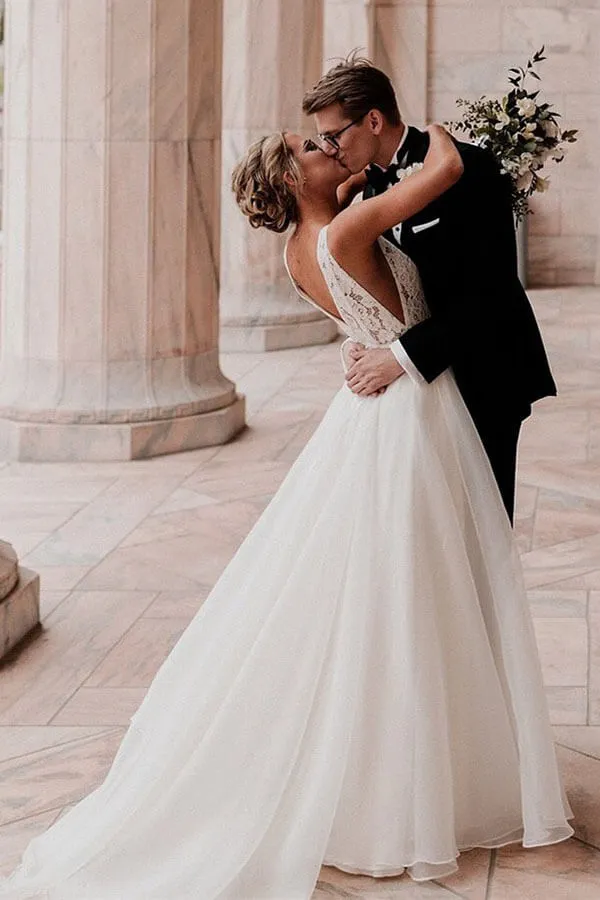 Ivory Tulle Lace A-line V-neck Wedding Dresses With Pearls, Bridal Gown, MW600