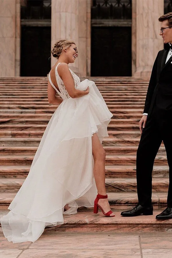 Ivory Tulle Lace A-line V-neck Wedding Dresses With Pearls, Bridal Gown, MW600
