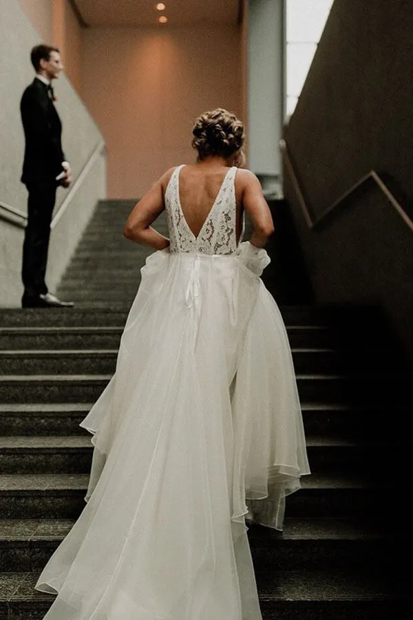Ivory Tulle Lace A-line V-neck Wedding Dresses With Pearls, Bridal Gown, MW600