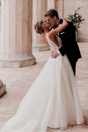 Ivory Tulle Lace A-line V-neck Wedding Dresses With Pearls, Bridal Gown, MW600