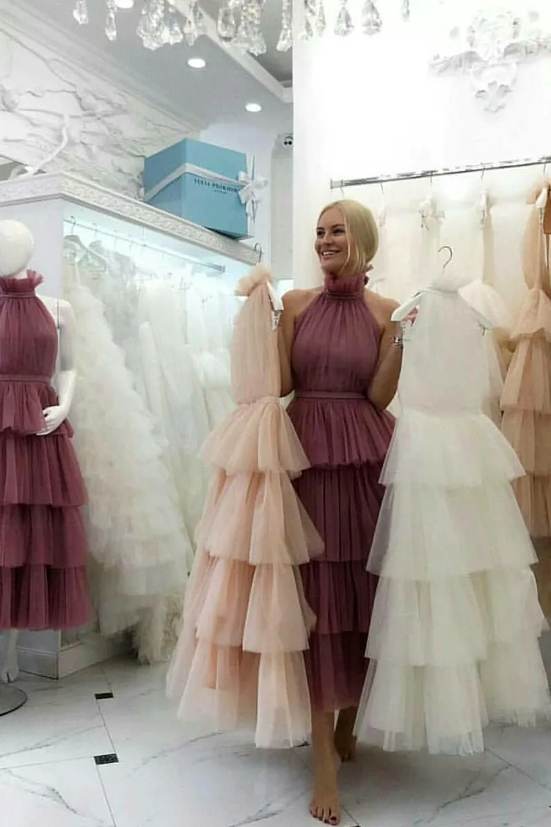 Ivory Tulle Wedding Dresses with Tiered Skirt