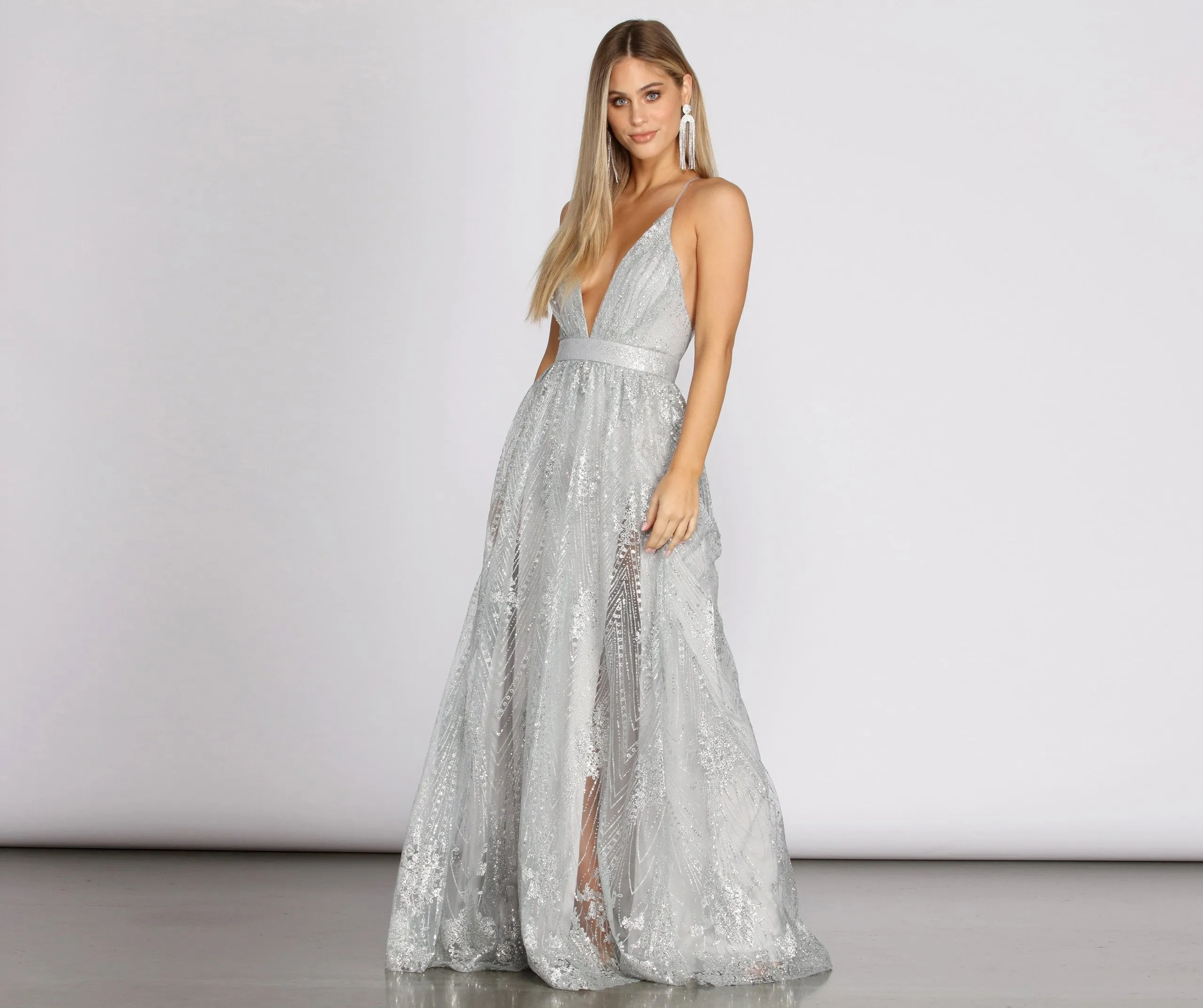 Janica Plunging Stylish Glitter A-Line Dress