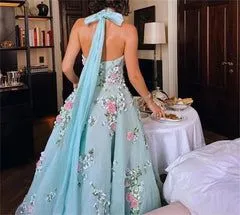 JazzHer Classy Ball Gown Halter Light Blue Tulle Lace Prom Dresses Evening Dress (PRE-ORDER)