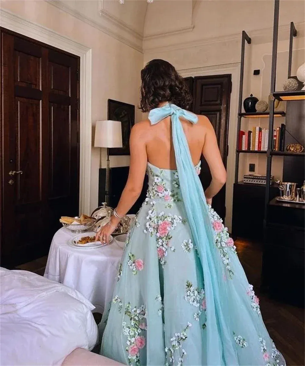 JazzHer Classy Ball Gown Halter Light Blue Tulle Lace Prom Dresses Evening Dress (PRE-ORDER)