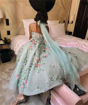 JazzHer Classy Ball Gown Halter Light Blue Tulle Lace Prom Dresses Evening Dress (PRE-ORDER)