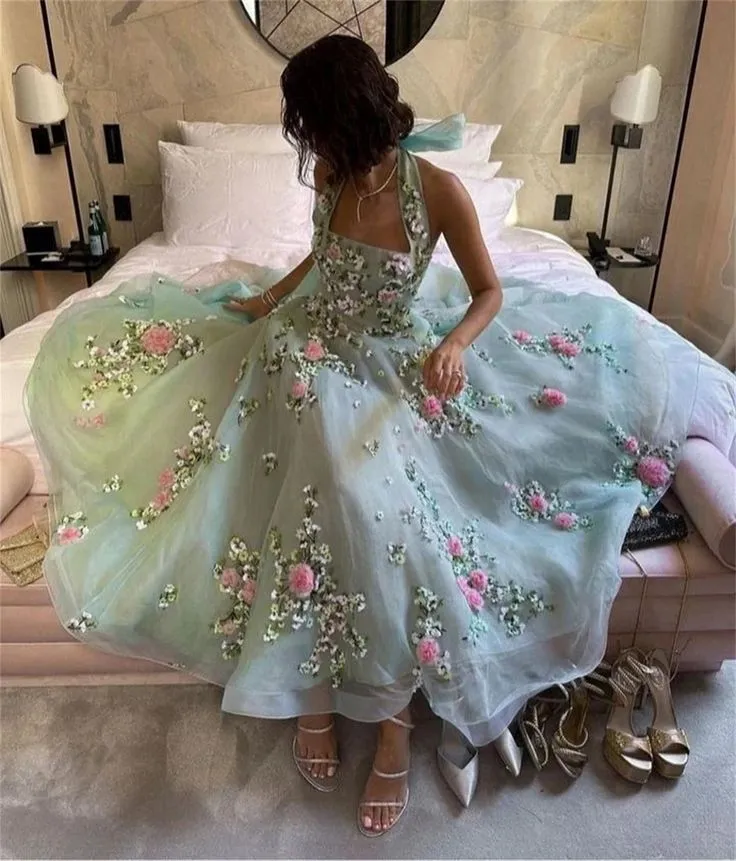 JazzHer Classy Ball Gown Halter Light Blue Tulle Lace Prom Dresses Evening Dress (PRE-ORDER)