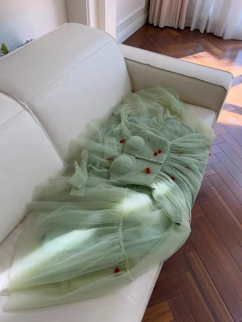 JazzHer Cute A line Spaghetti Straps Mint Green Tulle Homecoming Dresses Simple Prom Dress With Cherry (PRE-ORDER)