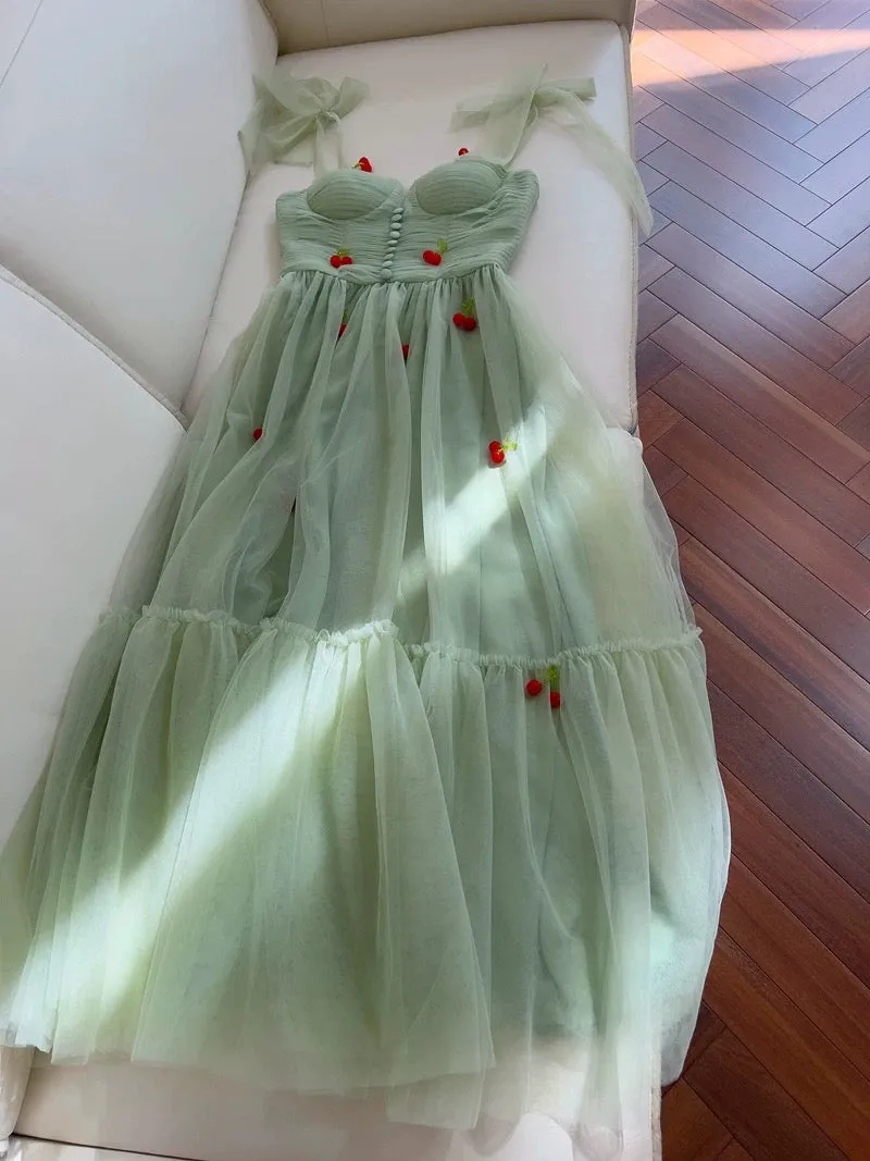 JazzHer Cute A line Spaghetti Straps Mint Green Tulle Homecoming Dresses Simple Prom Dress With Cherry (PRE-ORDER)