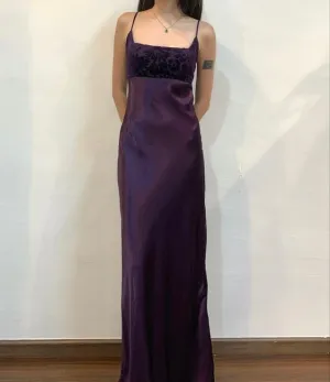 JazzHer Elegant A line Spaghetti Straps Grape Long Satin Prom Dresses Evening Gowns (PRE-ORDER)