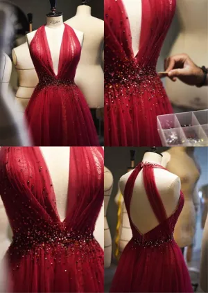 JazzHer Elegant A Line V Neckline Red Tulle Long Prom Dress Evening Dresses With Beads (PRE-ORDER)