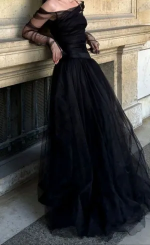 JazzHer Elegant Ball Gown Off The Shoulder Black Tulle Long Prom Dress Evening Dresses With Ruffles (PRE-ORDER)