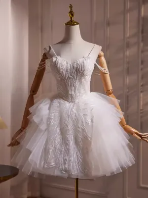 JazzHer Elegant Ball Gown Spaghetti Straps Tulle Party Dress White Homecoming Dresses (PRE-ORDER)