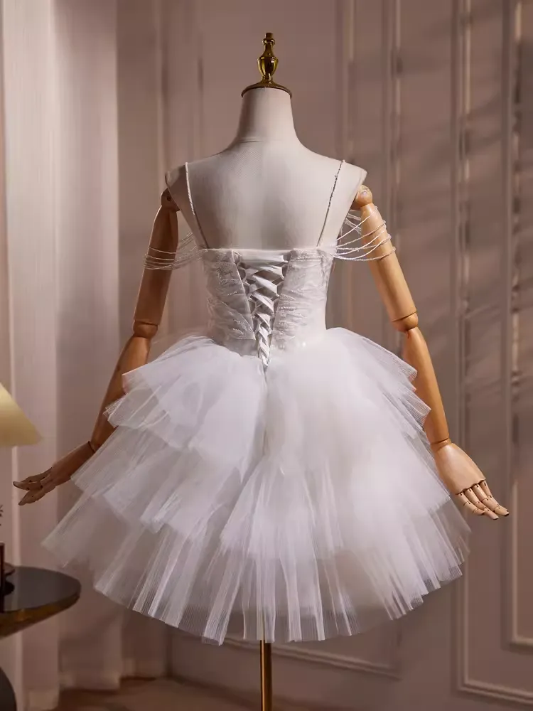 JazzHer Elegant Ball Gown Spaghetti Straps Tulle Party Dress White Homecoming Dresses (PRE-ORDER)