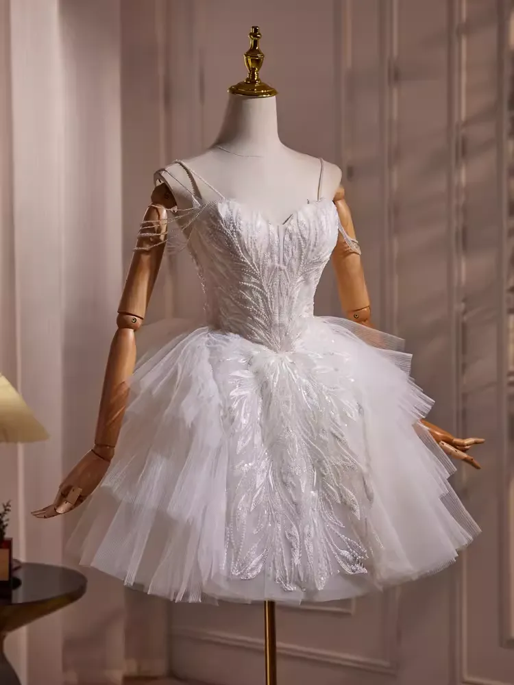JazzHer Elegant Ball Gown Spaghetti Straps Tulle Party Dress White Homecoming Dresses (PRE-ORDER)