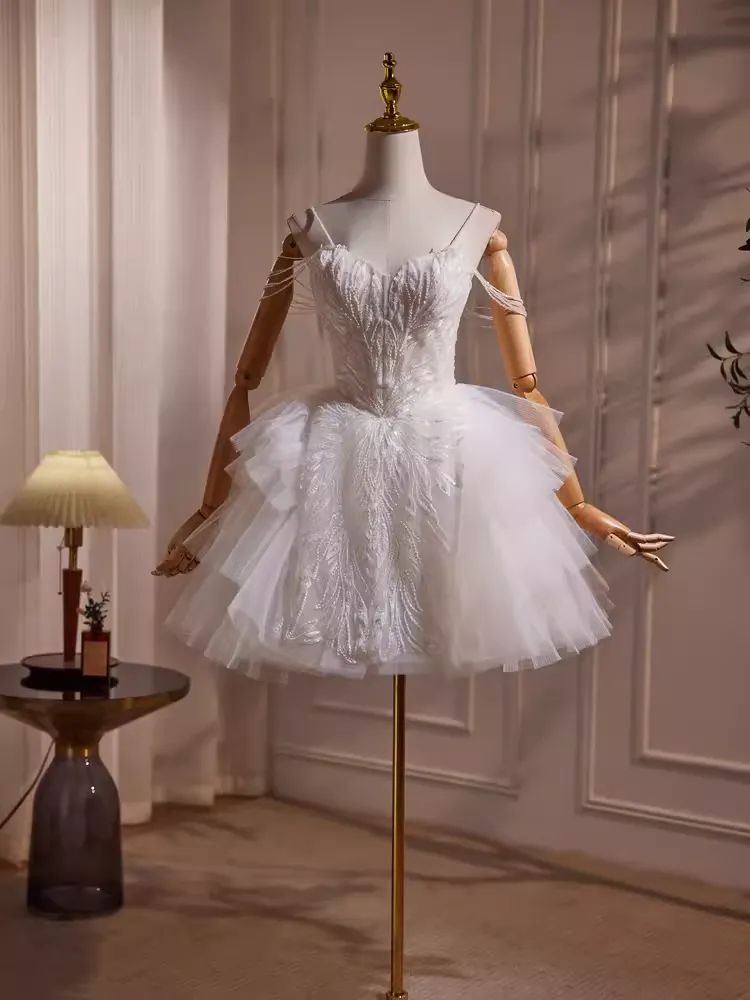 JazzHer Elegant Ball Gown Spaghetti Straps Tulle Party Dress White Homecoming Dresses (PRE-ORDER)