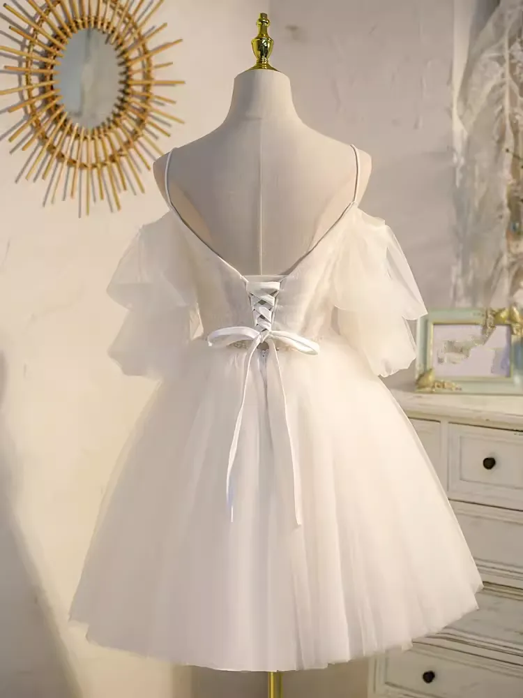 JazzHer Elegant Ball Gown Straps Tulle Party Dress White Homecoming Dresses (PRE-ORDER)